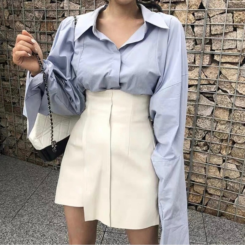 Women's Faux Leather White High Waist Skort Asymmetric Skirt